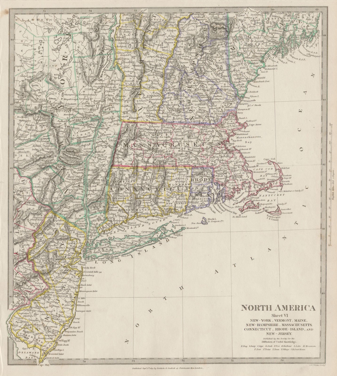 USA.New York Maine Massachusetts Connecticut New Jersey NH RI VT SDUK 1844 map